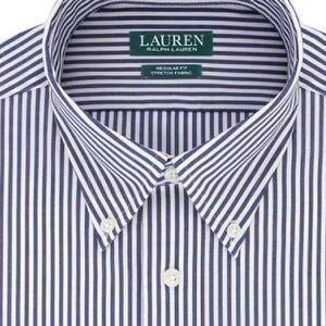 NWT Lauren Ralph Lauren navy stripe dress shirt, wrinkle and moisture resistant
